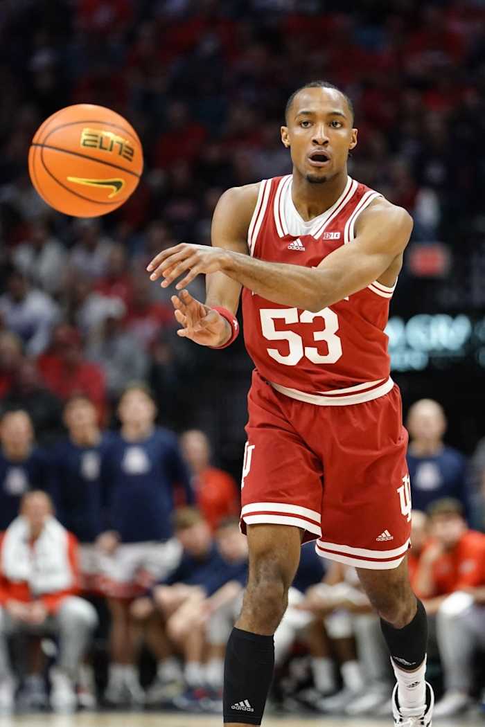 Indiana Hoosiers guard Tamar Bates (53) passes the ball against the Arizona Wildcats during the second half at MGM Grand Garden Arena.